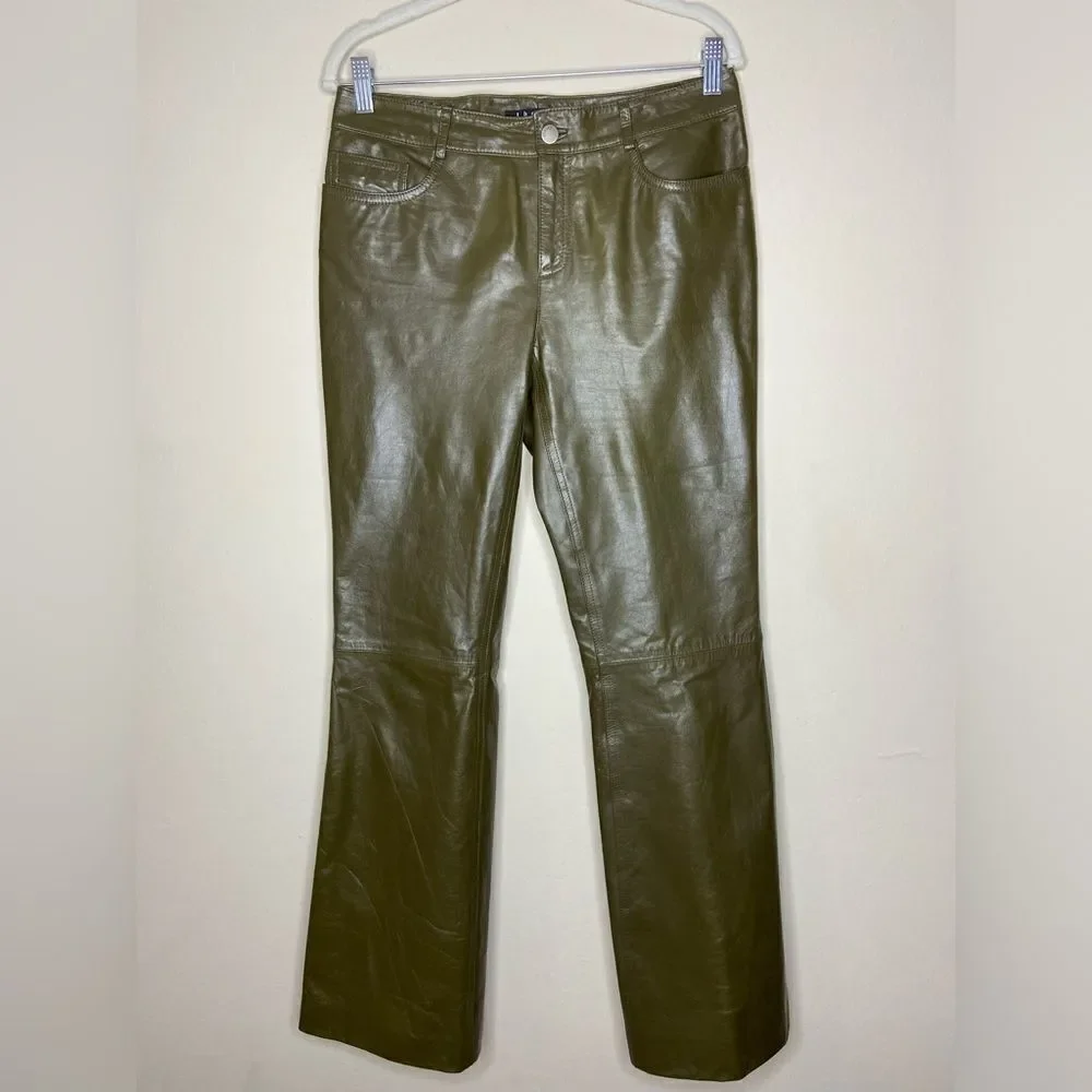 Theory Leather Green Pants Straight Leg Size 6 - Picture 7 of 10